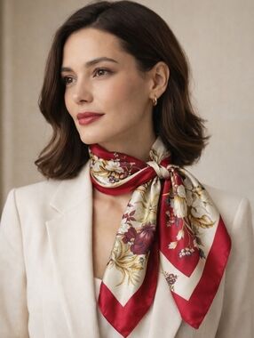 Vintage Silk Floral Square Scarf 35x35 Red Beige Botanical